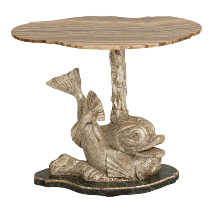 19th century italian silver leaf dolphin side table with original wood grain onyx top 8434