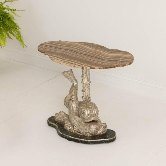 19th century italian silver leaf dolphin side table with original wood grain onyx top 8660