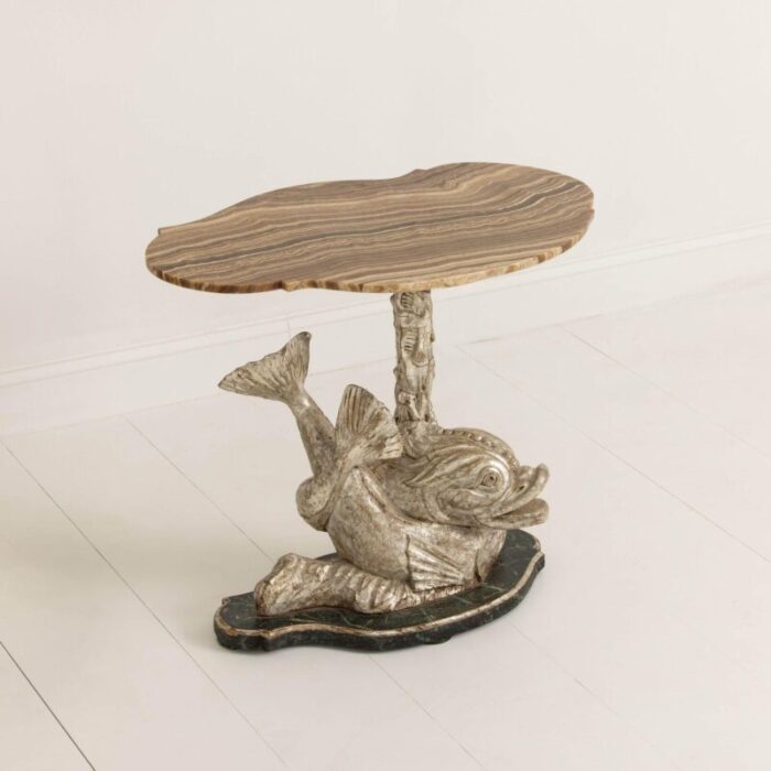 19th century italian silver leaf dolphin side table with original wood grain onyx top 9310