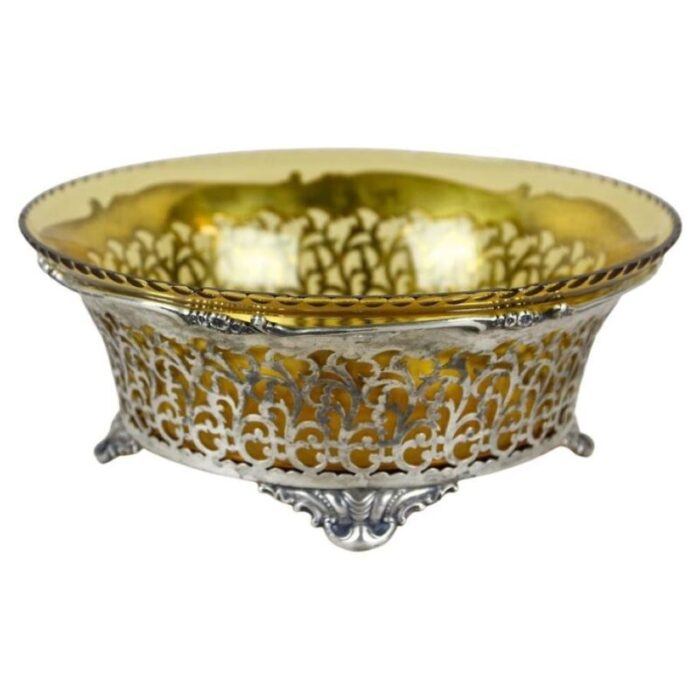 20th century art nouveau silver basket with amber colored glass bowl 1900s 1