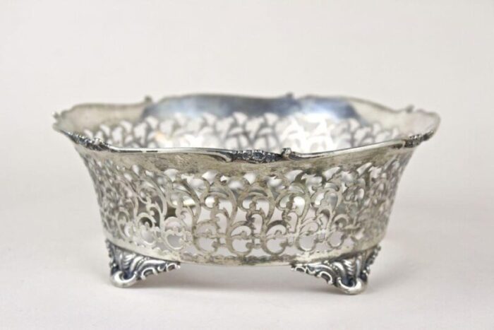 20th century art nouveau silver basket with amber colored glass bowl 1900s 12