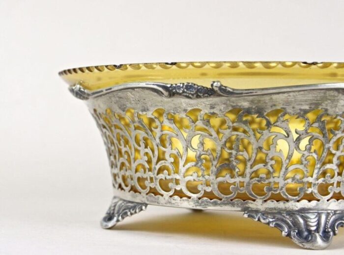 20th century art nouveau silver basket with amber colored glass bowl 1900s 13