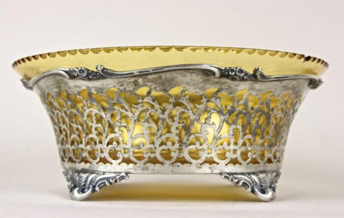 20th century art nouveau silver basket with amber colored glass bowl 1900s 14