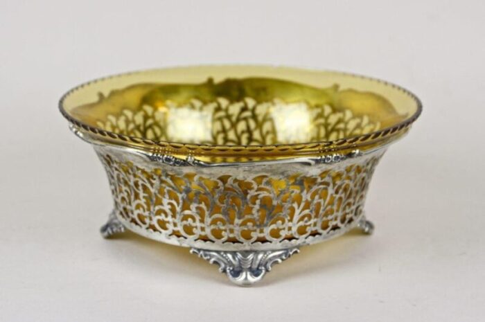 20th century art nouveau silver basket with amber colored glass bowl 1900s 15