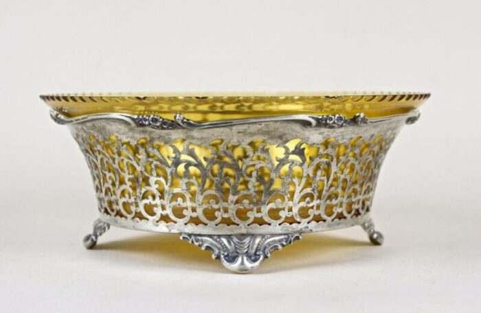 20th century art nouveau silver basket with amber colored glass bowl 1900s 2