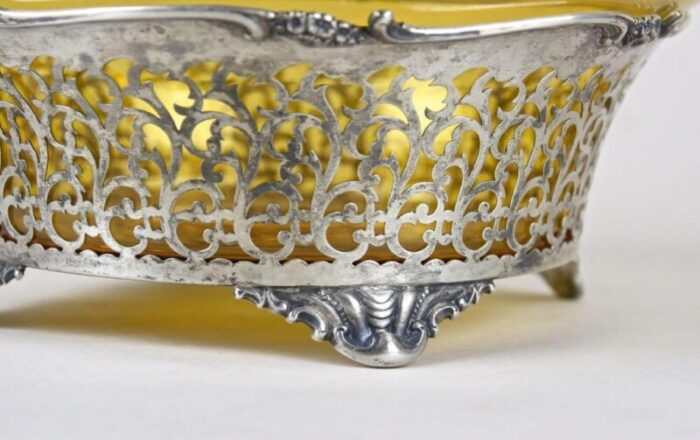 20th century art nouveau silver basket with amber colored glass bowl 1900s 3