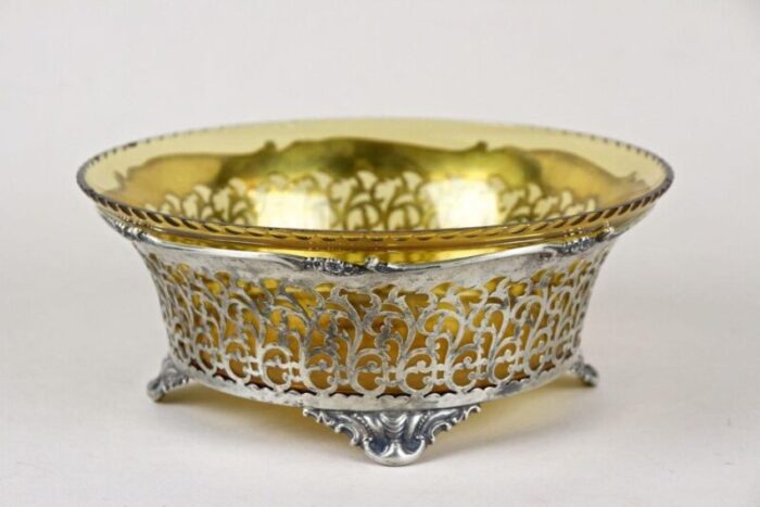 20th century art nouveau silver basket with amber colored glass bowl 1900s 4