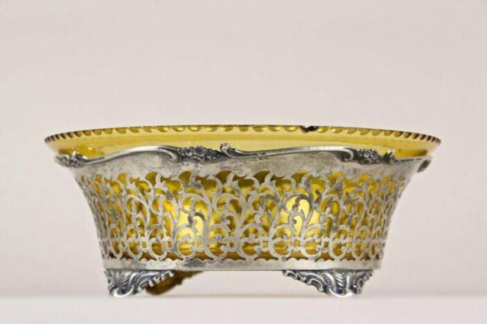 20th century art nouveau silver basket with amber colored glass bowl 1900s 5