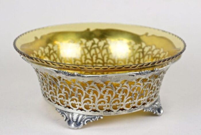 20th century art nouveau silver basket with amber colored glass bowl 1900s 6