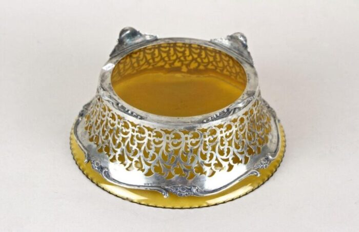 20th century art nouveau silver basket with amber colored glass bowl 1900s 8