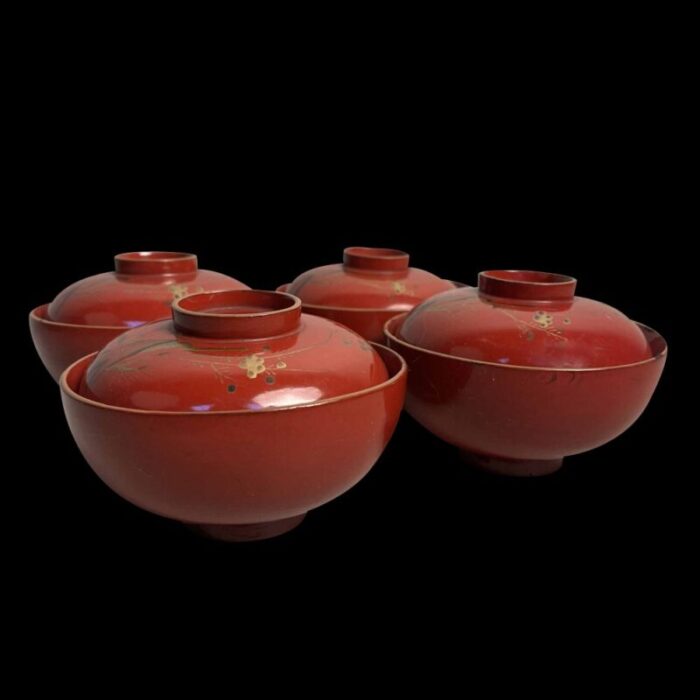 20th century taisho urushi maki e rice and soup bowls japan set of 4 1