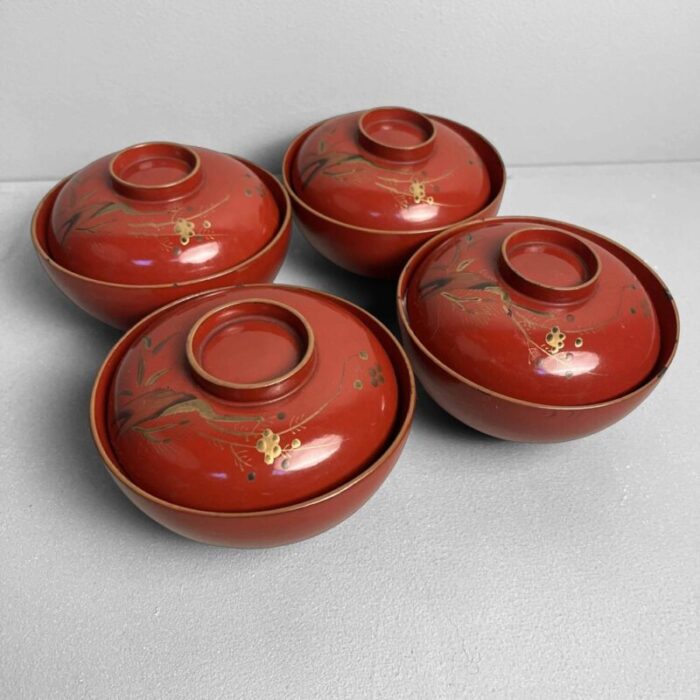 20th century taisho urushi maki e rice and soup bowls japan set of 4 2