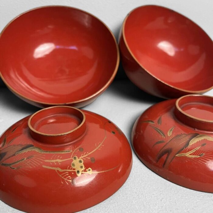 20th century taisho urushi maki e rice and soup bowls japan set of 4 6