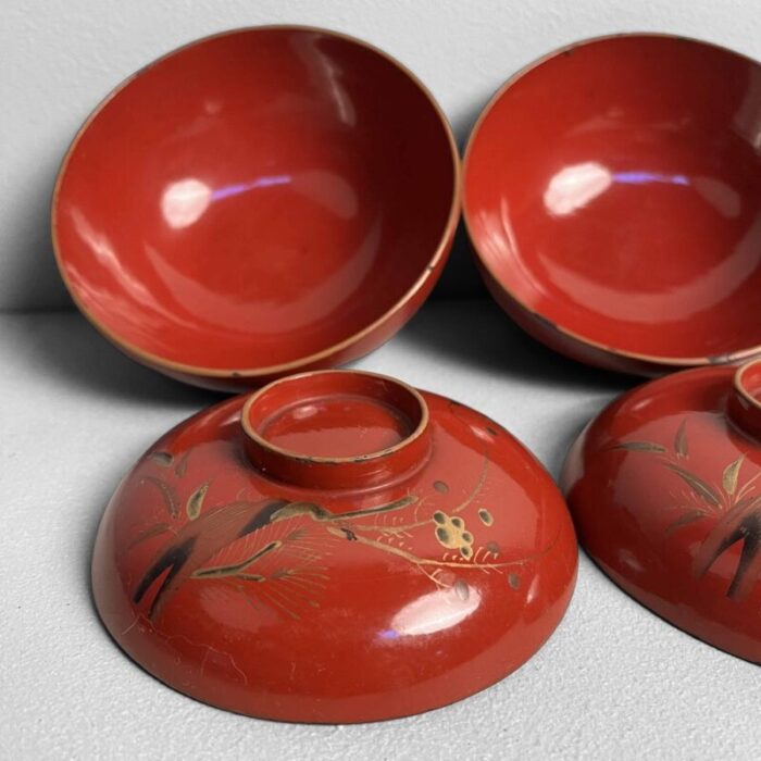 20th century taisho urushi maki e rice and soup bowls japan set of 4 7