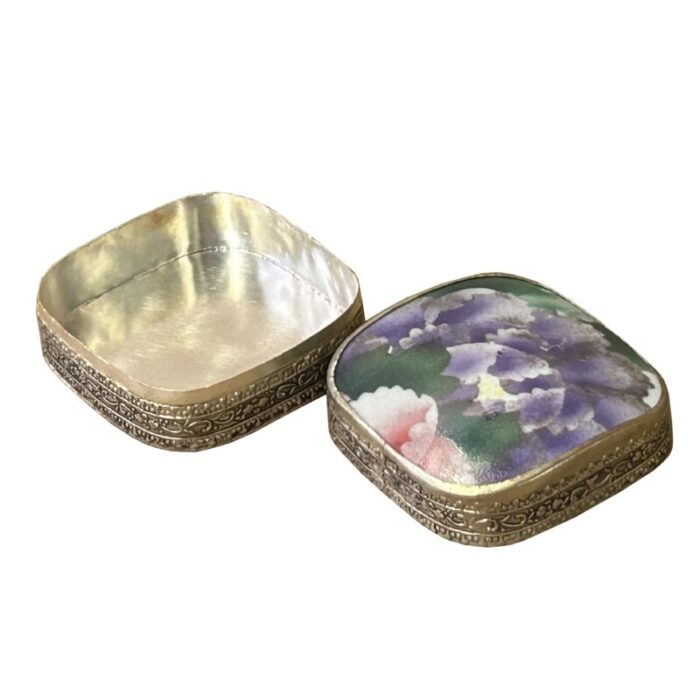 35 chinese old white base purple flower porcelain art pewter box 0392