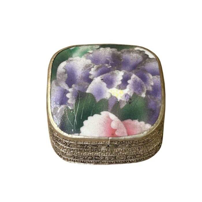 35 chinese old white base purple flower porcelain art pewter box 5877