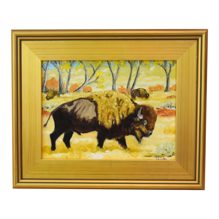 american buffalo bison oil painting including the antiqued gold wood frame 0341