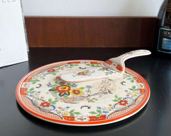 antique 1940s japanese porcelain red and yellow floral decorated cake plate and server 0495