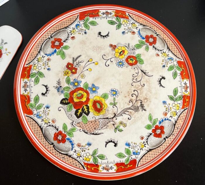 antique 1940s japanese porcelain red and yellow floral decorated cake plate and server 3139