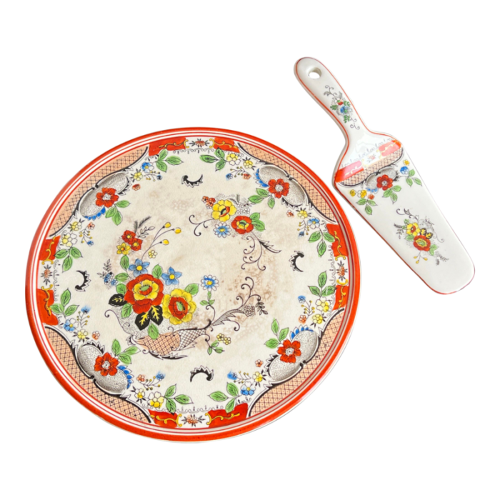 antique 1940s japanese porcelain red and yellow floral decorated cake plate and server 4407