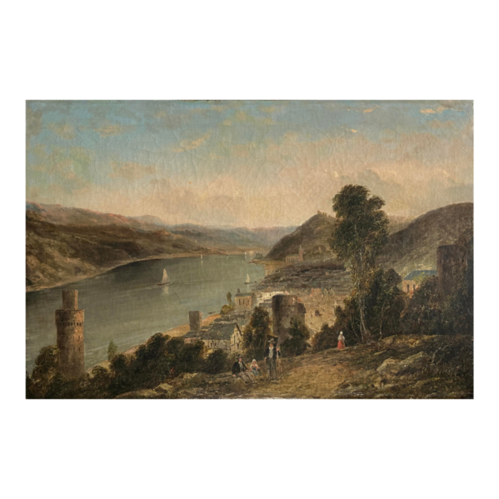 antique 19th c german continental lake scene with figures and castle turret oil on canvas 0096