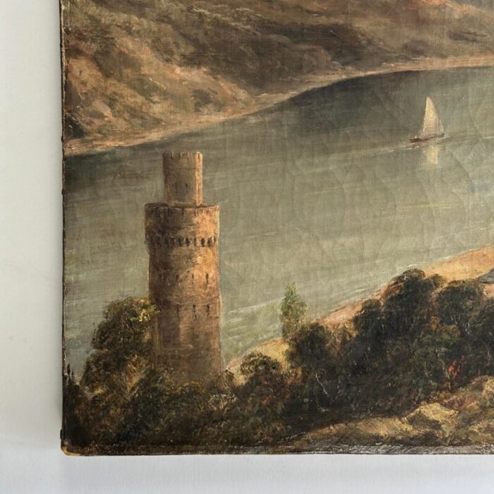 antique 19th c german continental lake scene with figures and castle turret oil on canvas 5013