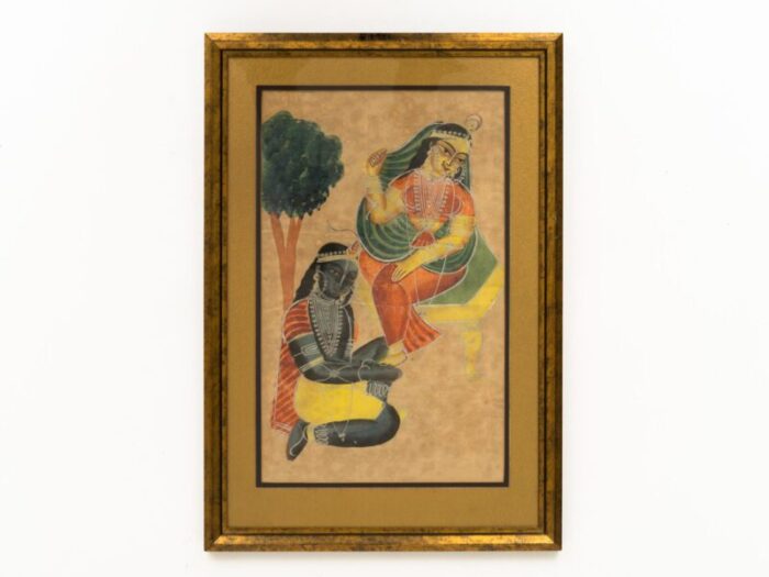 antique 19th century indian kalighat painting of krishna adoring radha framed 8860