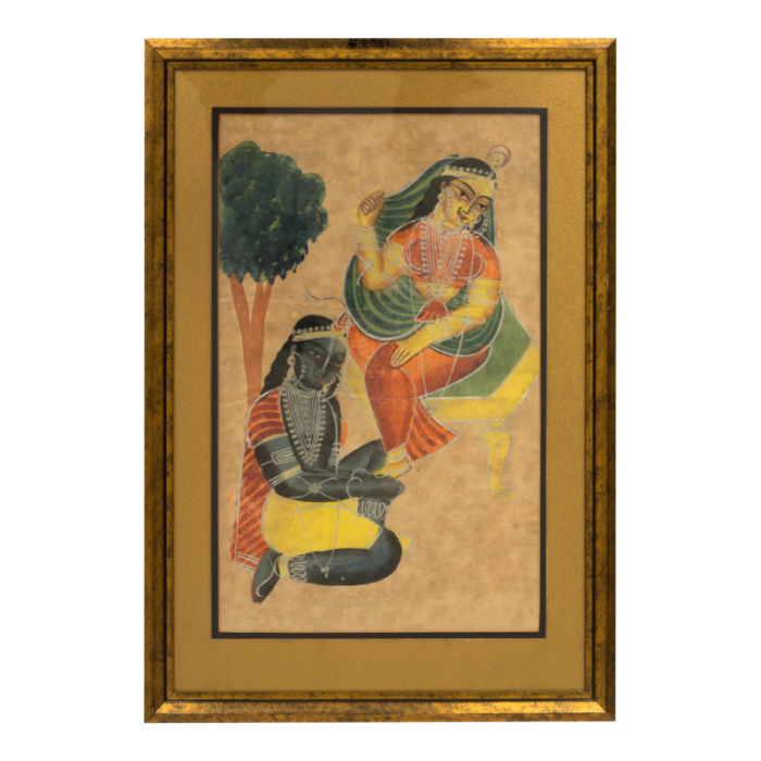 antique 19th century indian kalighat painting of krishna adoring radha framed 9071