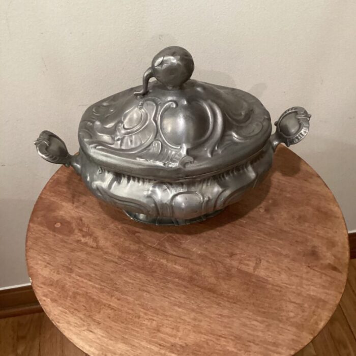 antique 19th century rococo style pewter tureen angel mark germany 0093