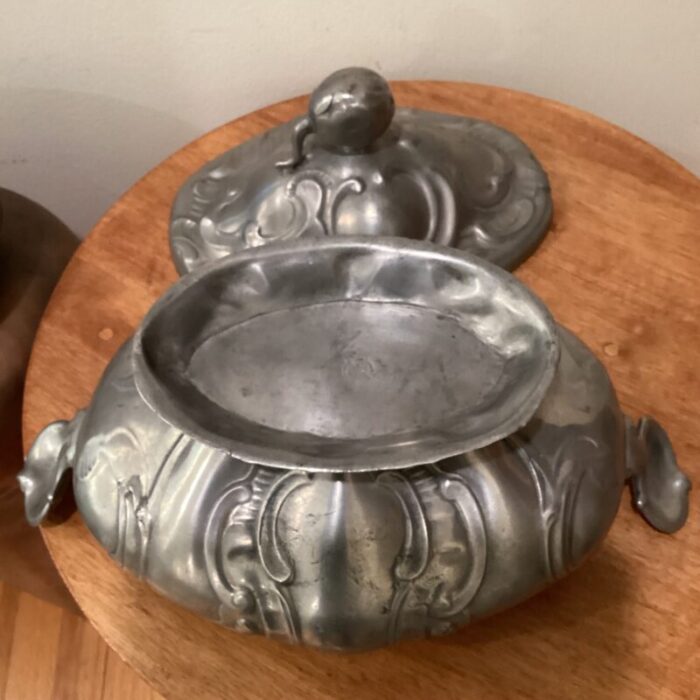 antique 19th century rococo style pewter tureen angel mark germany 1851