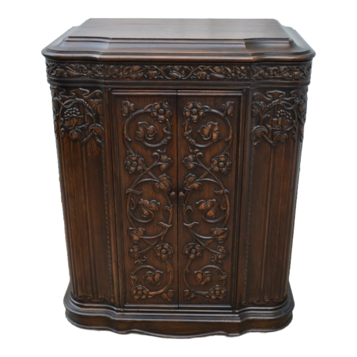 antique art nouveau style carved walnut two door cabinet wlift top 2616