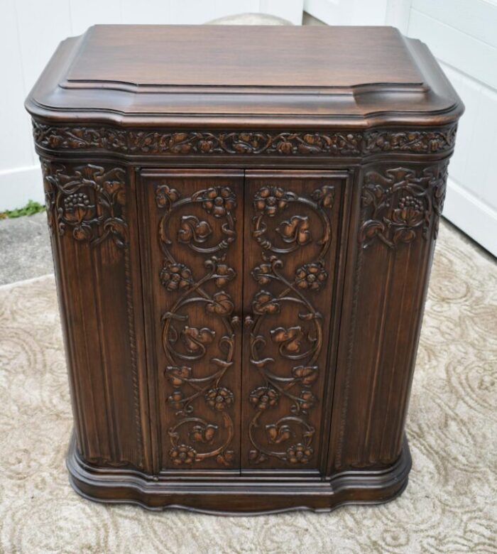 antique art nouveau style carved walnut two door cabinet wlift top 6133