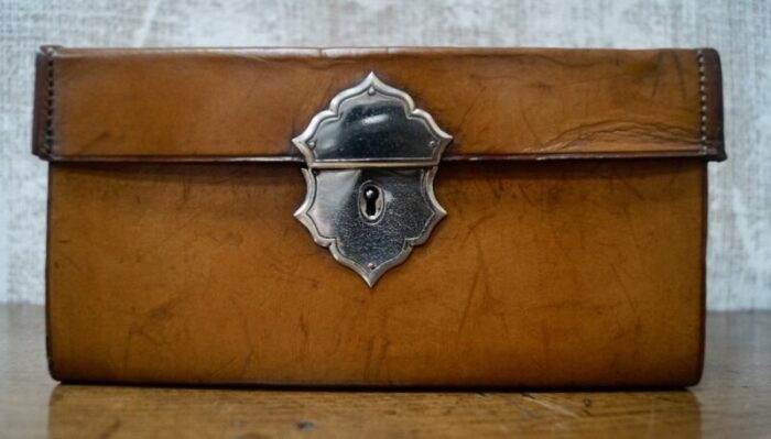 antique drop front leather stationary box 1910s 1