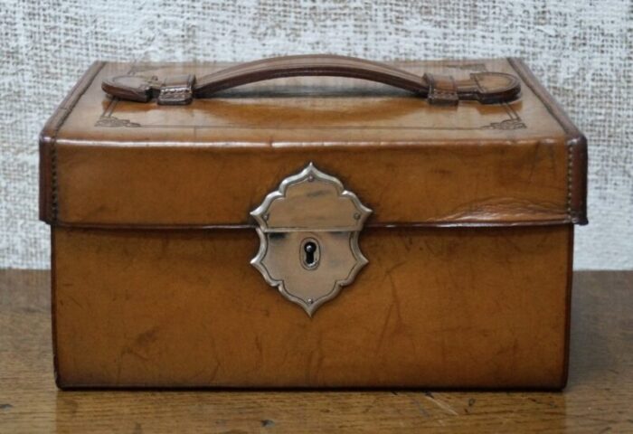 antique drop front leather stationary box 1910s 2