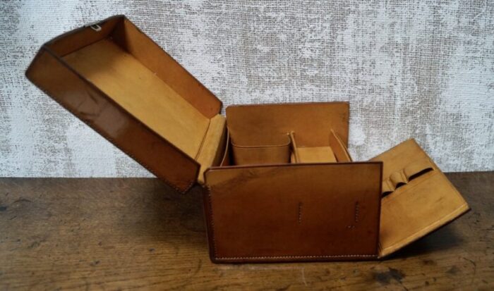 antique drop front leather stationary box 1910s 4