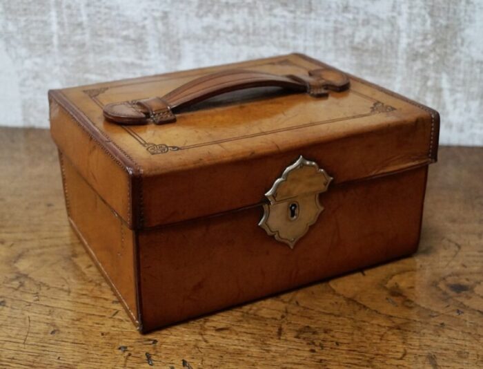 antique drop front leather stationary box 1910s 6