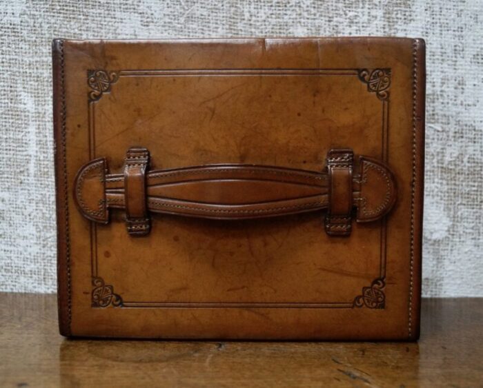 antique drop front leather stationary box 1910s 7