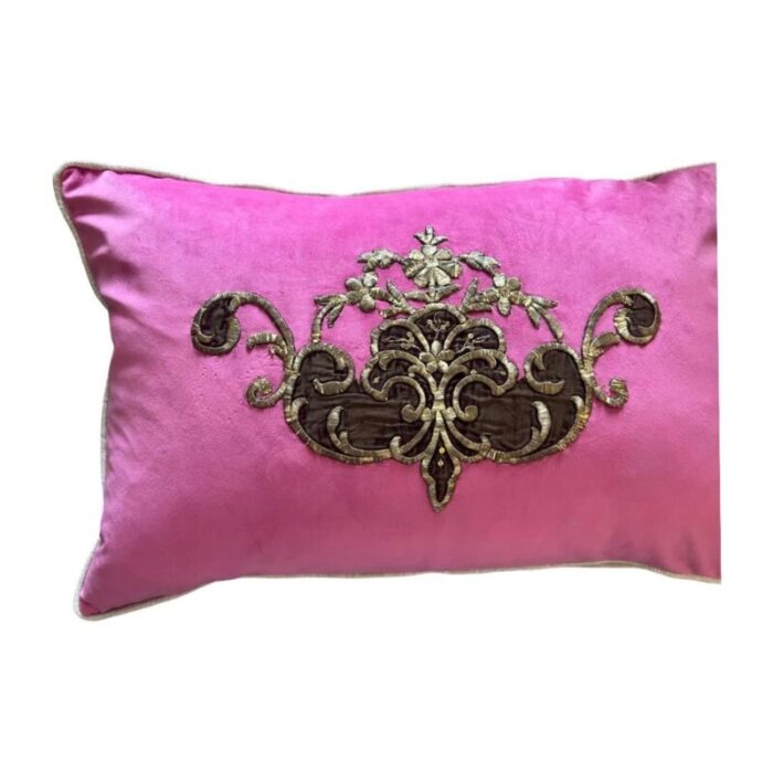 antique early 19th century italian magenta details hand metal gold embroidery pillow 3455