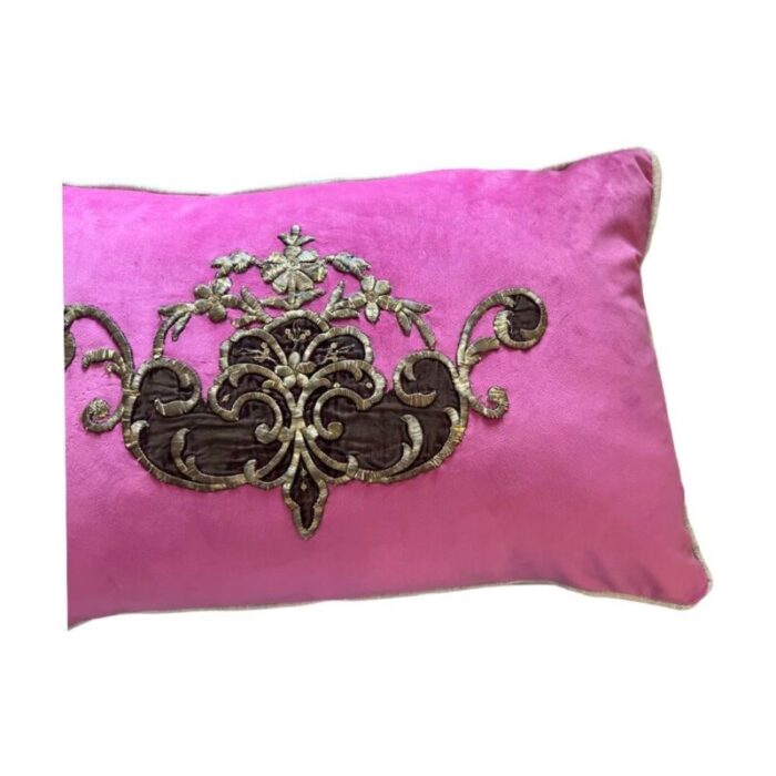 antique early 19th century italian magenta details hand metal gold embroidery pillow 4855