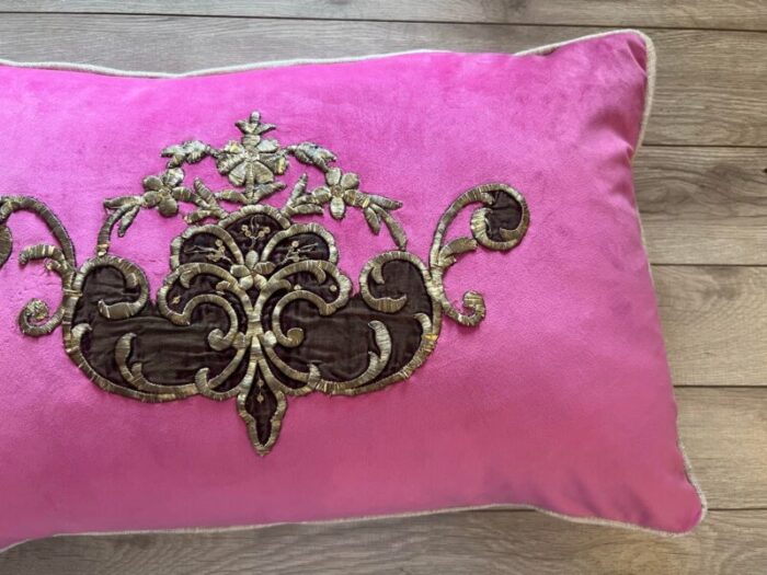 antique early 19th century italian magenta details hand metal gold embroidery pillow 5759