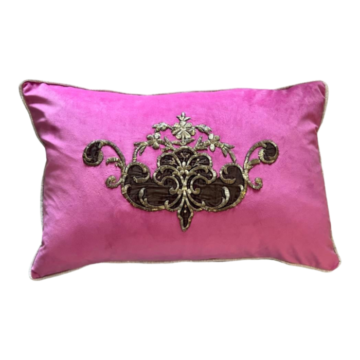 antique early 19th century italian magenta details hand metal gold embroidery pillow 8346