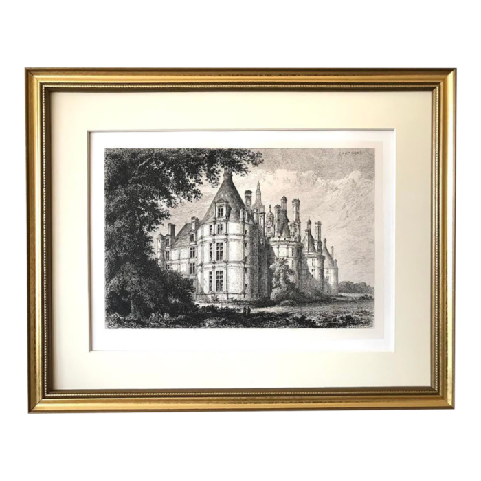 antique french etching view of chateau chambord france by david lancelot 1870 7877