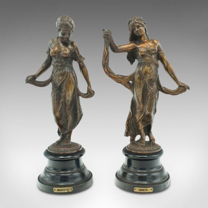 antique french virtue figures in bronze 1890 set of 2 2