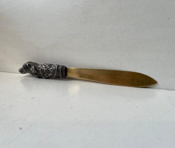 antique italian brass letter opener with dog handle in pewter 3