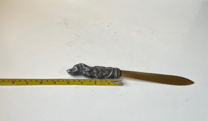 antique italian brass letter opener with dog handle in pewter 7