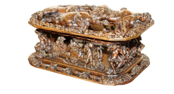 antique italian heavily carved box depicting stallion horses 1840s 1