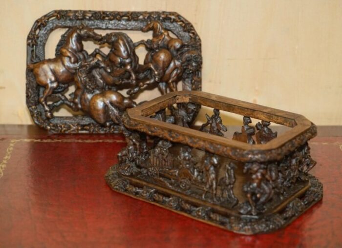 antique italian heavily carved box depicting stallion horses 1840s 17