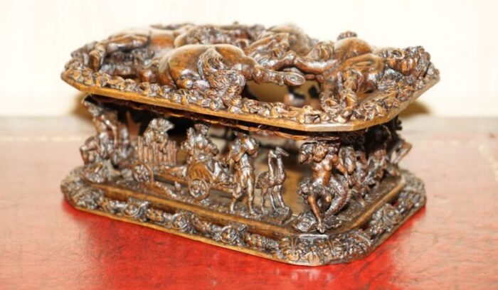 antique italian heavily carved box depicting stallion horses 1840s 2