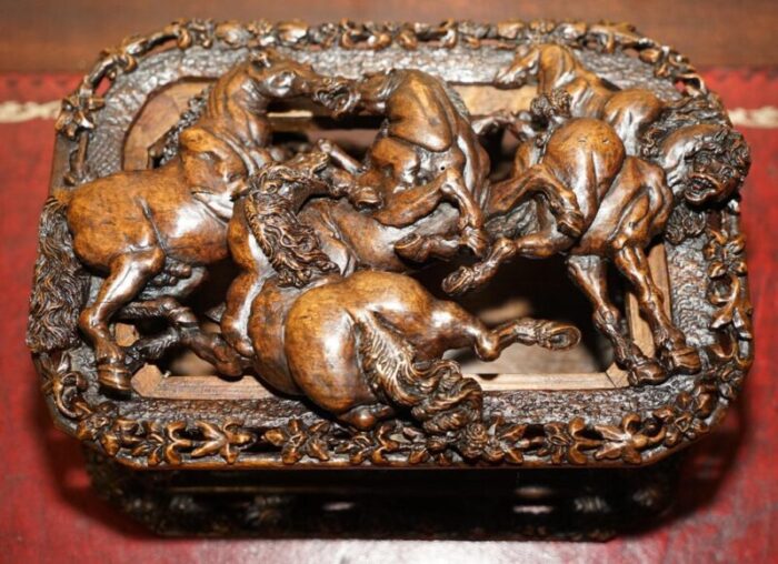 antique italian heavily carved box depicting stallion horses 1840s 7