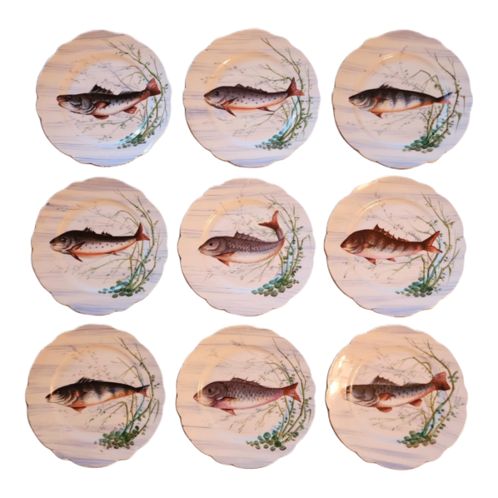 antique limoges france d and c handpainted scalloped fish salad plates 9 pieces 5178